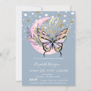 Invitation Oh Bébé Etoiles Lune Papillon Fête Bébé Bleue