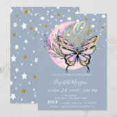 Invitation Oh Bébé Etoiles Lune Papillon Fête Bébé Bleue (Devant / Derrière)