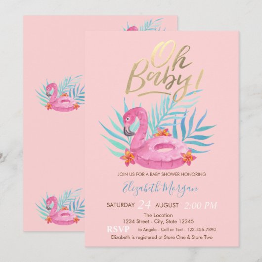 Invitation Oh Bébé Fête de Bébé Flamant Rose (Devant / Derrière)
