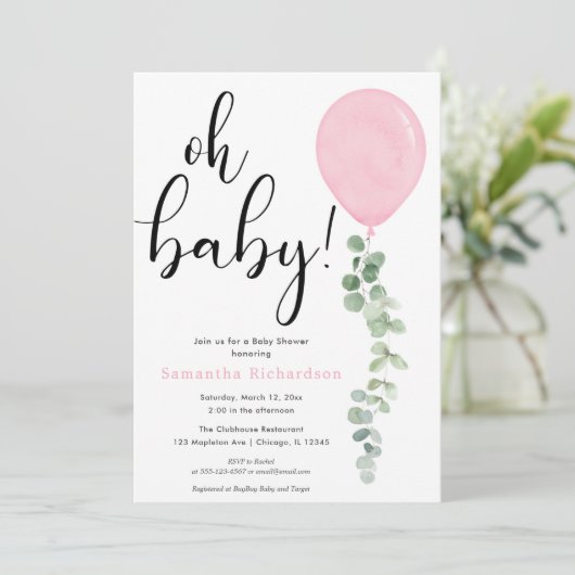 Invitation Oh Bébé fille ballon rose baby shower eucalyptus (Debout devant)