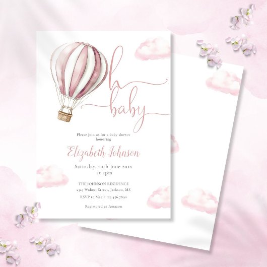 Invitation Oh Bébé Fille Rose Montgolfière Baby Shower