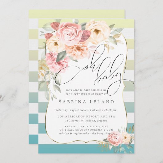 Invitation Oh Bébé Floral Bleu Jaune Ombre Stripes (Devant / Derrière)