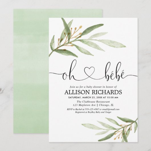 Invitation Oh bebe Français verdure or genre neutre douche (Devant / Derrière)