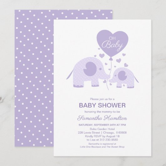 Invitation Oh Bébé Lavande mignonne Baby shower éléphant (Devant / Derrière)
