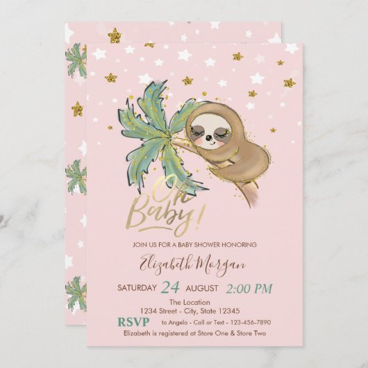 Invitation Oh Bébé mignon couchage Sloth Stars Baby shower (Devant / Derrière)