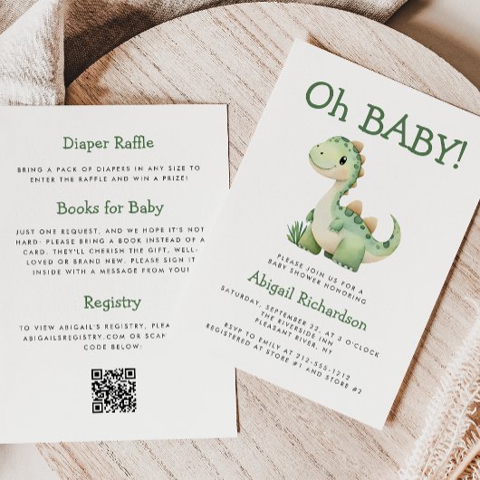 Invitation Oh Bébé mignon vert Dinosaur QR Code Baby shower