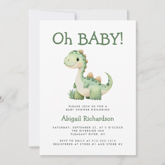 Invitation Oh Bébé mignon vert Dinosaur QR Code Baby shower (Devant)