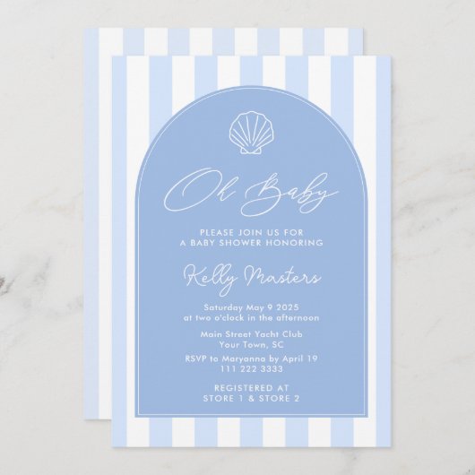 Invitation Oh Bébé Moderne Baby shower Côtier Bleu Et Blanc (Devant / Derrière)