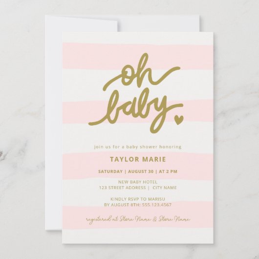 Invitation Oh Bébé Moderne Pink Stripes Baby shower fille (Devant)