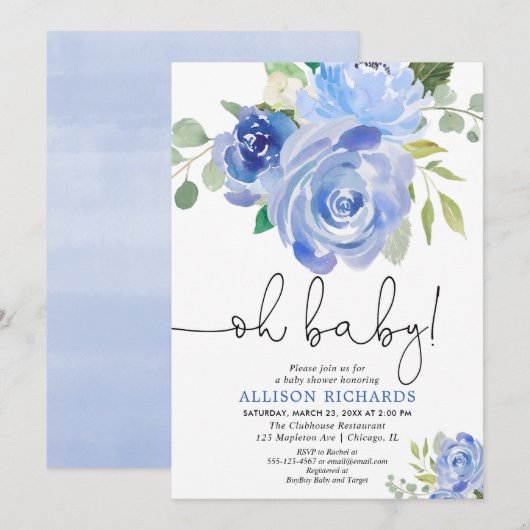 Invitation Oh, bébé Navy baby shower de garçon floral bleu (Devant / Derrière)