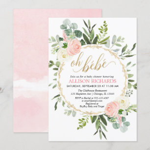 Invitation Oh Bebe or rose baby shower fille à fleurs françai