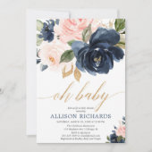 Invitation Oh bébé or rose marine floral fille baby shower (Devant)