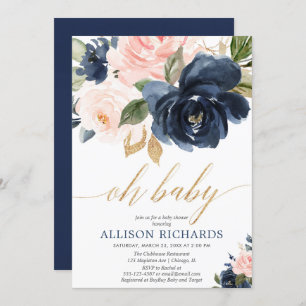 Invitation Oh bébé or rose marine floral fille baby shower