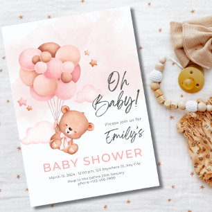 Invitation Oh Bébé Ours en Peluche Avec Ballon Fille Baby Sho