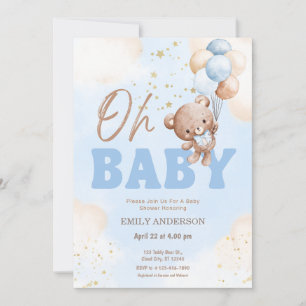 Invitation Oh Bébé Ours en Peluche Ballons Garçon Baby Shower