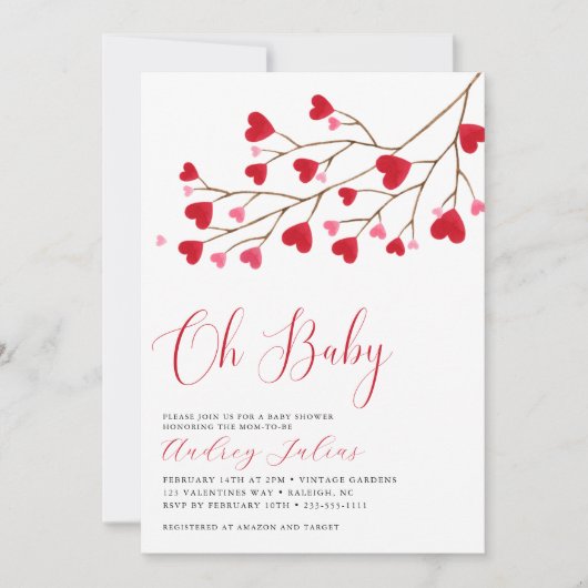 Invitation Oh Bébé rose Coeurs rouges Valentines Baby shower (Devant)