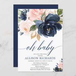 Invitation Oh, bébé rose floral et bleu marine baby shower