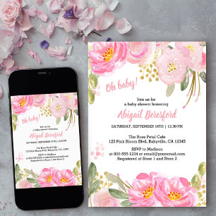 Invitation Oh Bébé Rose Or Floral Aquarelle Baby Shower
