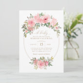 Invitation Oh Bébé rose or Floral verdure Baby shower fille (Debout devant)