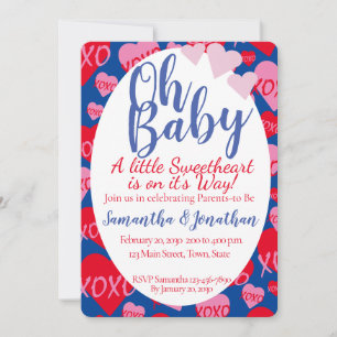 Invitation Oh Bébé rose rouge amoureux Baby shower bleu