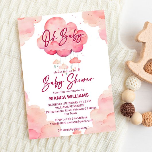 Invitation Oh bébé rose whimsical baby shower de nuage modèle