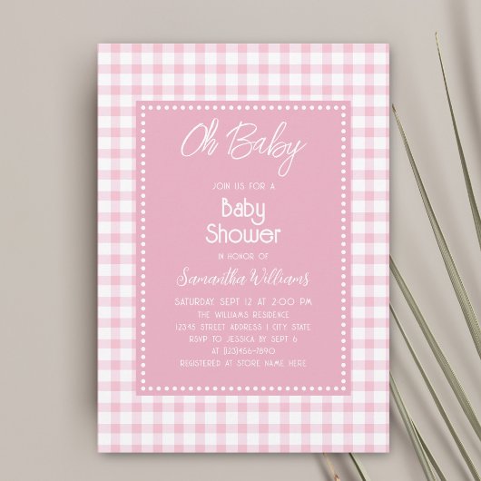 Invitation Oh Bébé Simple Rétro Rose En vichy Baby shower fil