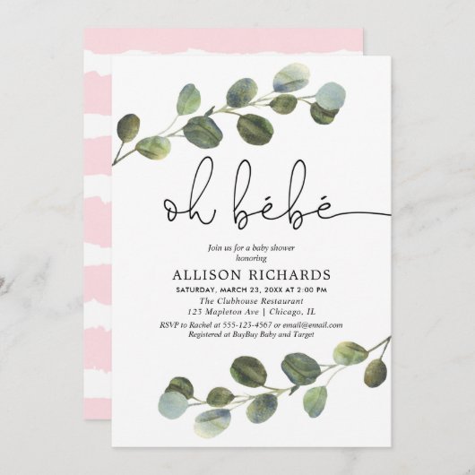 Invitation Oh bebe thème français rose noir blanc fille bébé (Devant / Derrière)