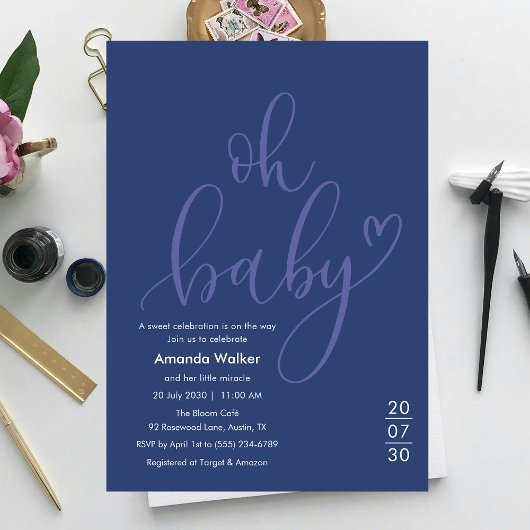 Invitation Oh Bébé ! Typographie minimale Fête bébé bleu
