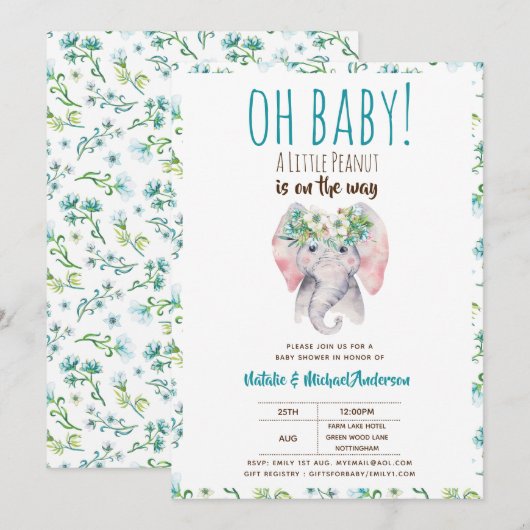 Invitation Oh Bébé Un Petit Baby shower Eléphant Arachide Boh (Devant / Derrière)