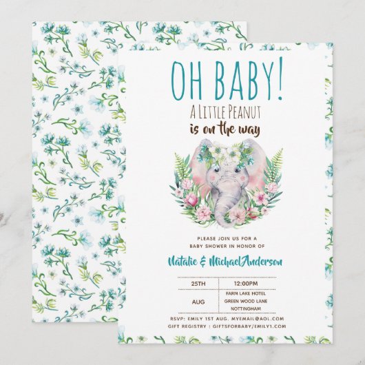 Invitation Oh Bébé Un Petit Baby shower Eléphant Boho Arachid (Devant / Derrière)