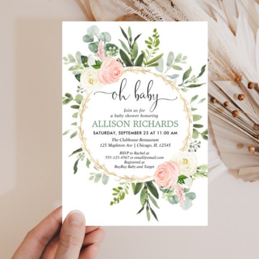 Invitation Oh bébé verdure rose or rose baby shower fille fle