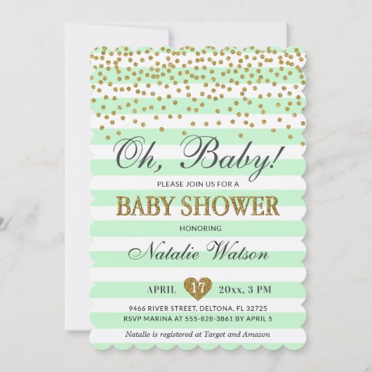 Invitation Oh Bébé Vert Menthe Or Fête de Bébé Mixte (Devant)