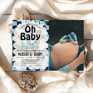 Invitation Oh Bébé Voiture de Course Damier Bleu Baby Shower