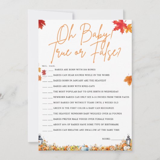 Invitation OH BÉBÉ VRAI OU FAUX Baby shower CITROUILLE de jeu (Devant)