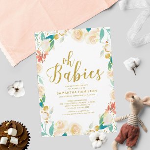 Invitation Oh Bébés Fleurs de Pêche Paillettes Jumeaux Baby S