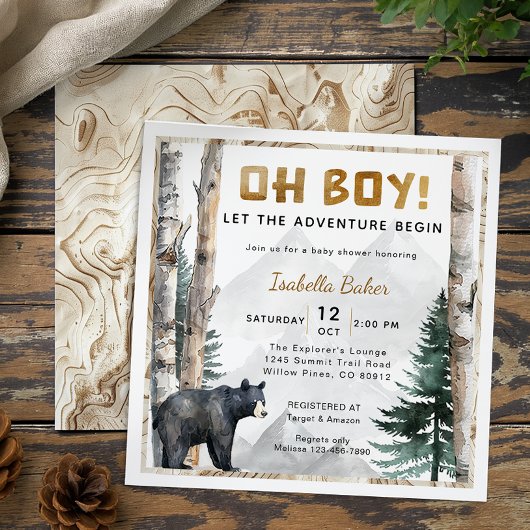 Invitation Oh Boy Adventure Begin | Baby shower d'ours carré