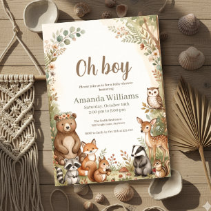 Invitation Oh Boy Animaux de la Forêt Fleurs Baby Shower
