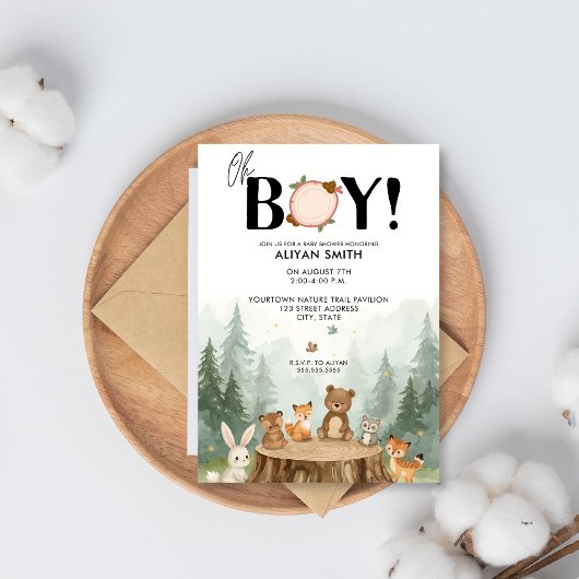Invitation Oh Boy Aquarelle Bois Baby shower Animaux