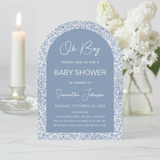 Invitation Oh Boy Arch Bleu Motif Floral Baby shower Script