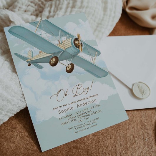 Invitation Oh Boy Avion Voyage Baby shower garçon