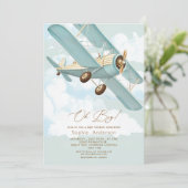 Invitation Oh Boy Avion Voyage Baby shower garçon (Debout devant)