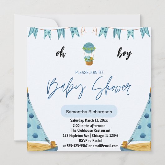 Invitation Oh Boy Baby ballon bleu air (Devant)