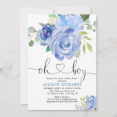 Invitation Oh Boy baby shower bleu aquarelles florales (Devant)