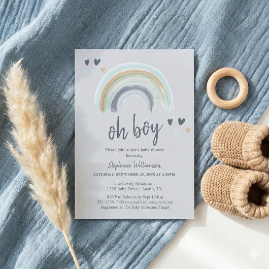 Invitation Oh Boy Baby Shower Bleu Boho Arc-en-Ciel
