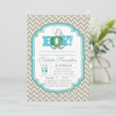 Invitation Oh Boy Baby shower bleu et vert Mustache (Debout devant)