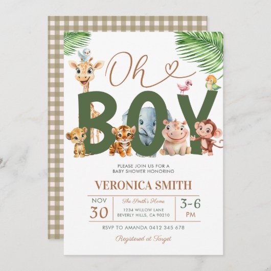 Invitation Oh Boy Baby Shower Forest Animals Greenery Floral (Devant / Derrière)