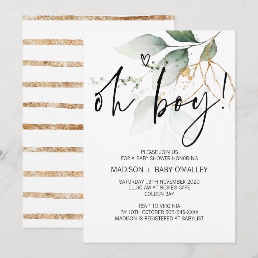 Invitation Oh Boy Baby shower Party Modern Eucalyptus (Devant / Derrière)