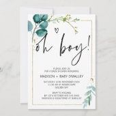 Invitation Oh Boy Baby shower Party Modern Gold Eucalyptus (Devant)