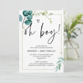 Invitation Oh Boy Baby shower Party Modern Gold Eucalyptus (Debout devant)