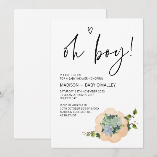Invitation Oh Boy Baby shower Party Thanksgiving Fall (Devant / Derrière)